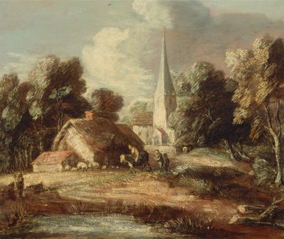 Paisaje con cabaña e iglesia de Thomas Gainsborough